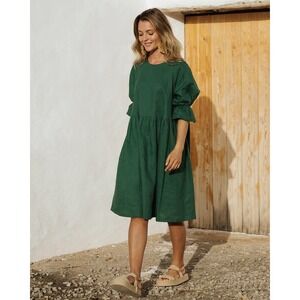 Magic Linen Hunter Green Linen Ruffle Sleeve Babydoll Dress XXL